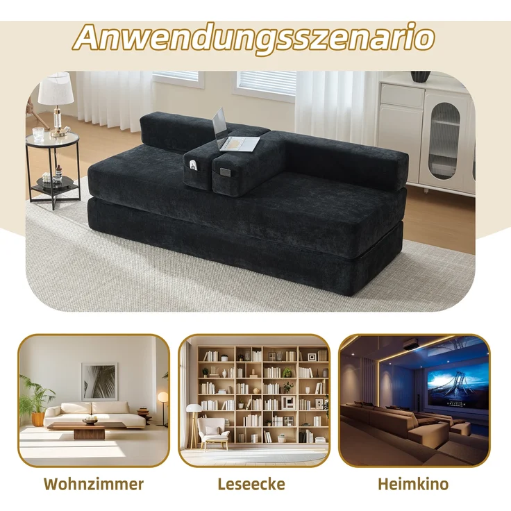 LVHOM Schlafsofa 3 sitzer, Klappsofa mit Schlaffunktion, Bodensofa, Schlafcouch aus Chenille-Stoff, frei Kombination, 198x79x60 cm – Bild 8