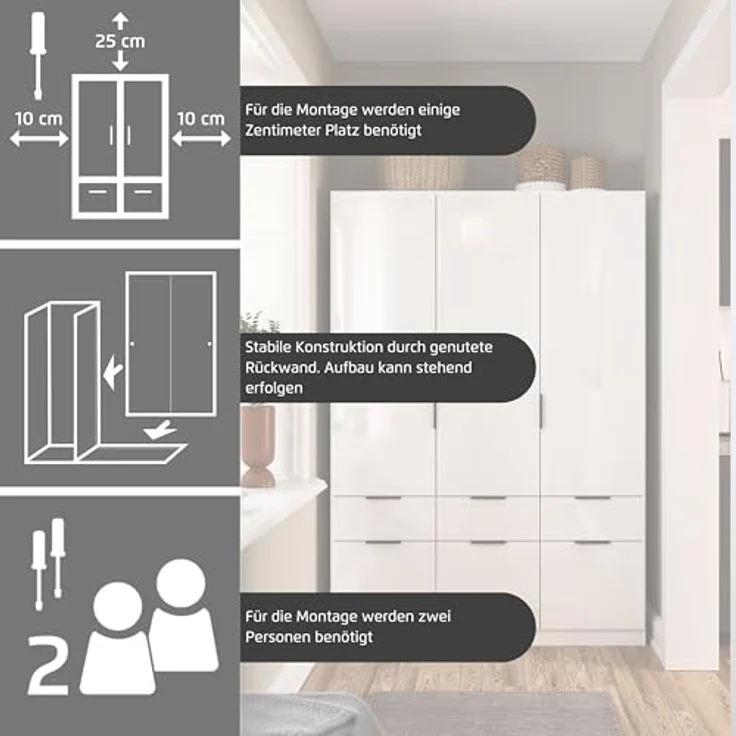 Rauch Möbel Aberdeen, Drehtürenschrank, Kleiderschrank, Garderobe, 4-türig, 8 Schubladen in Absetzung Grau metallic, Schwarz, Farbe Grau metallic/Hochglanz weiß, Griffe Grau metallic, 181 x 197 x 54 cm – Bild 7