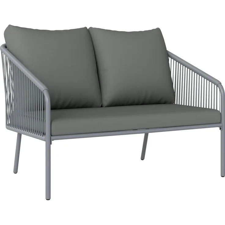 Wohnora-Zweisitzer-Gartensofa aus Kunstharzgeflecht mit Kissen, Outdoor-Sofa mit Armlehnen und Stahlrahmen, 112 x 72 x 76 cm, grau,H 76cm x T 112cm x B 72cm