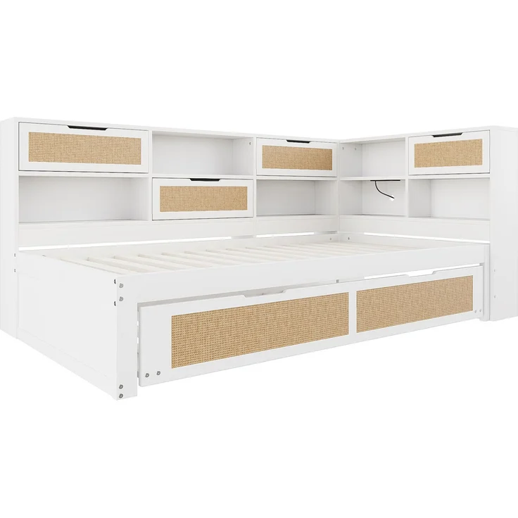 Multifunktionales Massivholz-Schlafsofa mit Ausziehbett 90x200 cm, Stauraum & USB-Anschlüssen, Gäste- & Tagesbett, Weiß – Bild 9