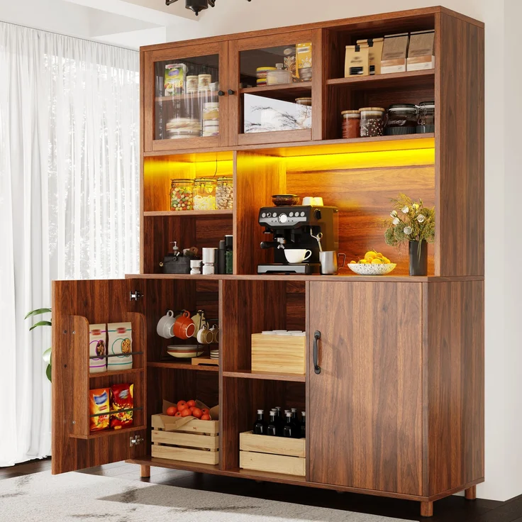 EINHOM Hochschränke fürs Wohnzimmer(140 x 40 x 185 cm), Küchenschrank, Esszimmerschrank, Schränke mit LED-Beleuchtung, Schranktür mit Snackablage, Retro-Stil, Walnussfarbe – Bild 3