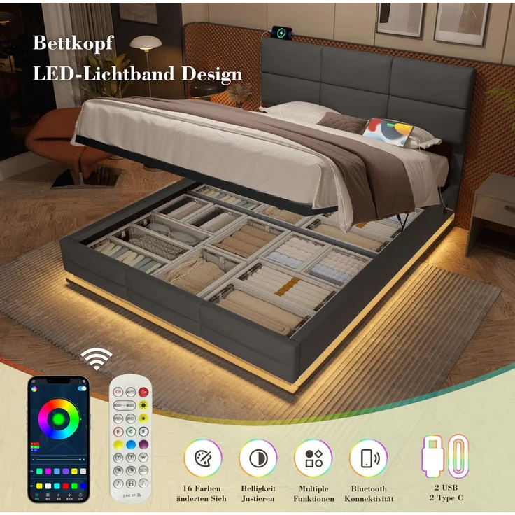 Boxspringbett Samt Grau Höhenverstellbar 160x200 cm mit LED Beleuchtung USB Anschluss Hydraulik Stauraum Kopfteil Doppelbett – Bild 5