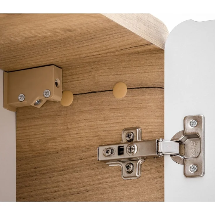 Badmöbel Set mit Keramikwaschtisch in Hochglanz weiß mit Wotan Eiche Nb. LUTON-56 mit LED-Spiegelschrank, B/H/T ca. 130/200/46 cm – Bild 9