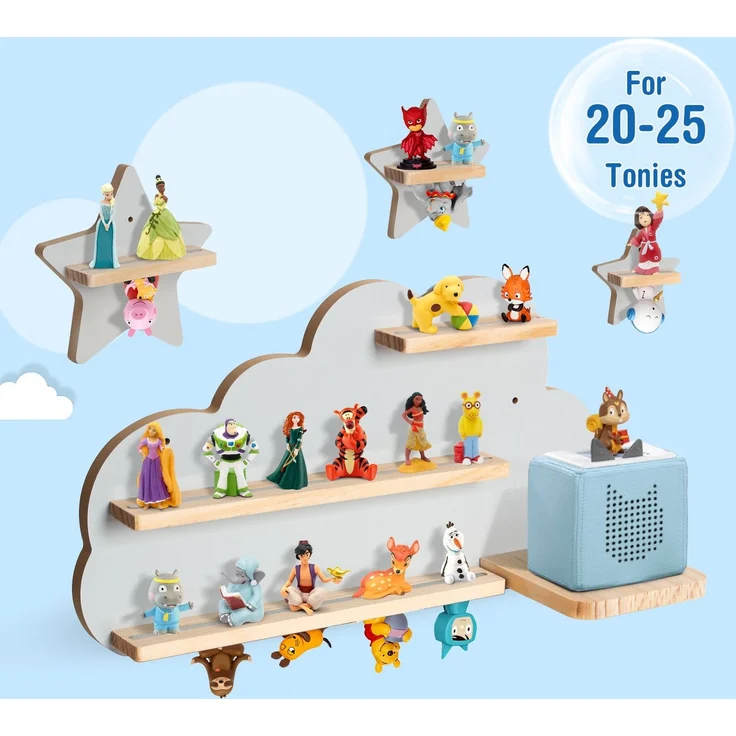 Todeco Tonie-Regal für Toniebox Hörfiguren, Magnetische Aufbewahrung für 20-25 Tonie, Perfekte Tonie Aufbewahrung im Kinderzimmer für Mädchen & Jungen, Graue Wolke und Stern – Bild 7