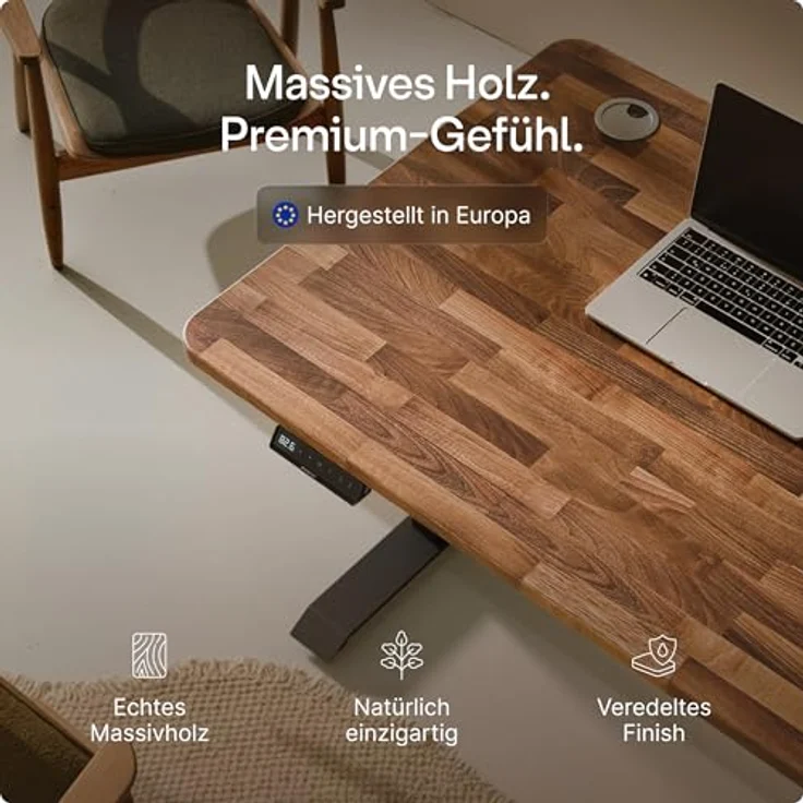 Desktronic Höhenverstellbarer Schreibtisch aus massivem Nussbaumholz (140x70 cm) – Elektrisch höhenverstellbar mit flüsterleisem Dual-Motor & Touchscreen – Hohe Tragfähigkeit – Stehtisch HomePro – Bild 9