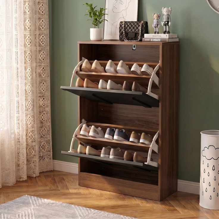 UEV Schmaler Schuhschrank mit 2 Klappen, Modernes Schuhregal (Schwarz)--Schwarz--85x24x85cm--YOUDENOVA – Bild 6
