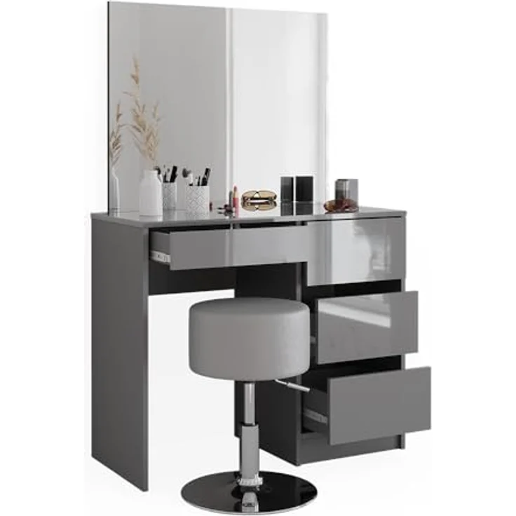 Vicco Schminktisch-Set Sherry, Grau, mit Spiegel und Hocker, 4 Fächer und 4 Schubladen, 90x75x40 cm, Holzwerkstoff – Bild 7