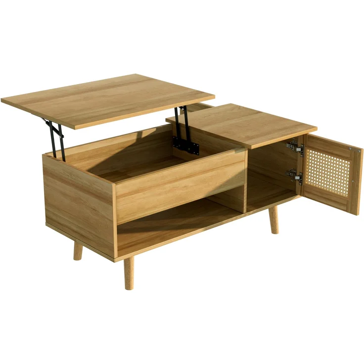 Merax Couchtisch mit anhebbarer Tischplatte und Rattan-Türen, Holzfarbe mit schwarzen Akzenten, Holzfarbe – Bild 9