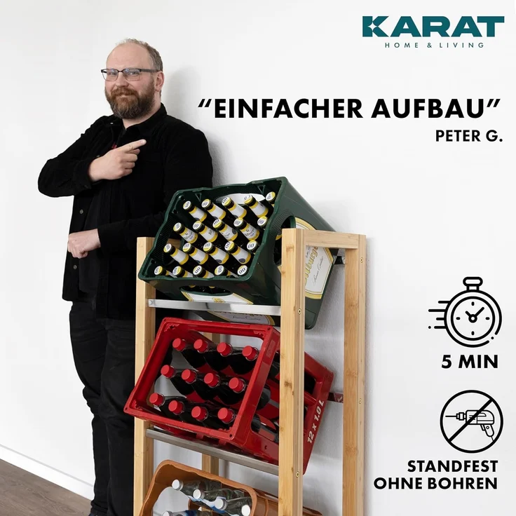 KARAT Getränkekistenregal für 3 Kisten aus Bambus & Edelstahl, stabiles und Robustes Wasserkistenregal, Bierkistenregal, Kistenständer, Getränkeschrank, Getränkeregal (Flash) – Bild 7