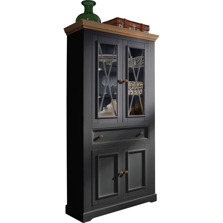 Vitrine >WZ-0133< (BxHxT: 109x208x42 cm) in grau aus Kiefer - 109x208x42 (BxHxT)