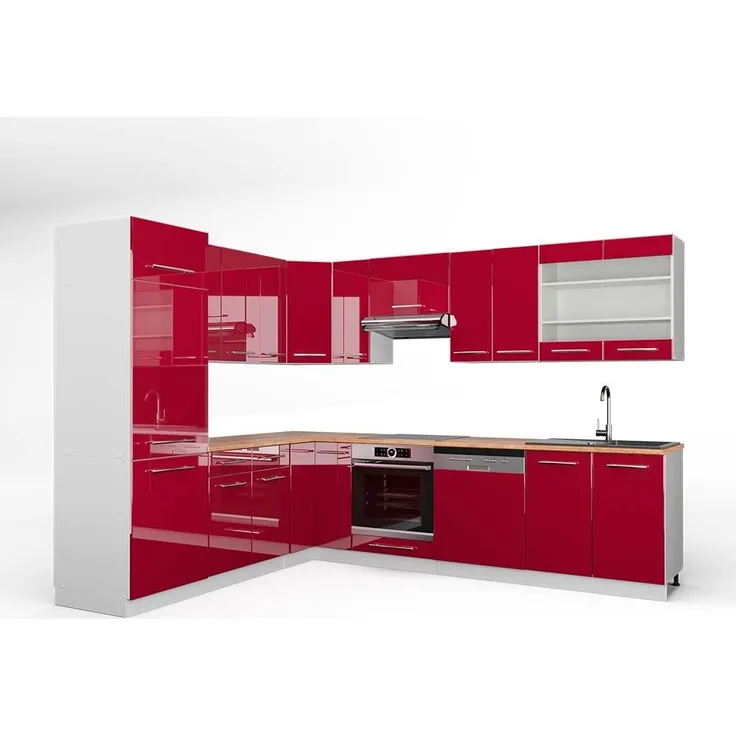 Eckküche Fame-Line Bordeaux Hochglanz/Weiß 287 x 60 cm , AP Eiche Vicco