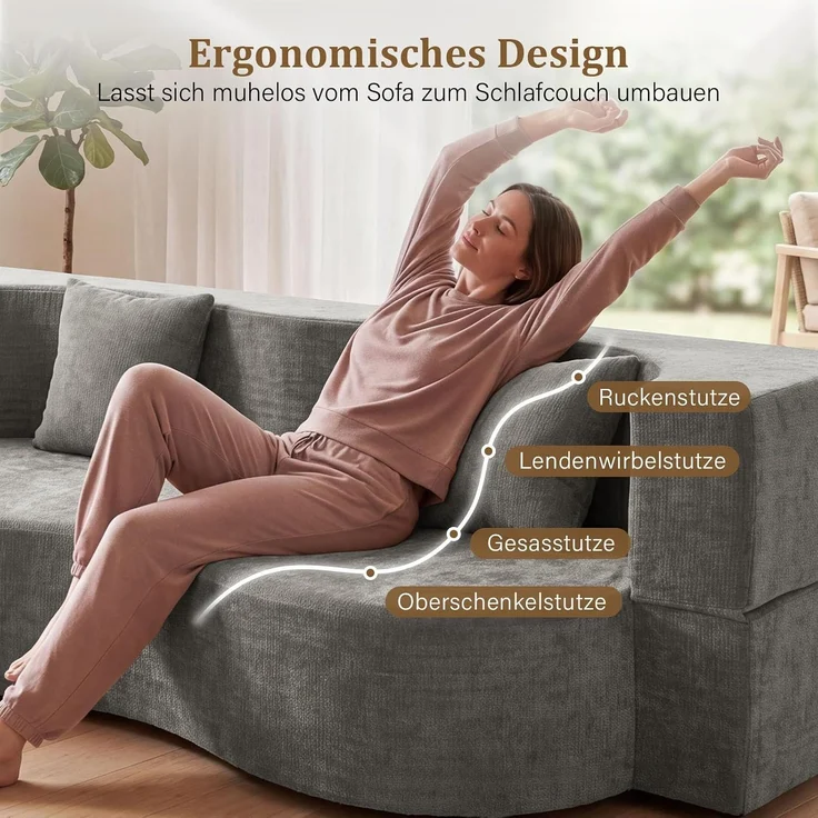 Aoxun Faltbares 3-Sitzer Gästebett & Schlafsofa, 200 cm breites XXL Bett in Orange – Bequeme Klappcouch für Wohnzimmer, Schlafzimmer als Lounge oder Gästebett,Grau – Bild 7