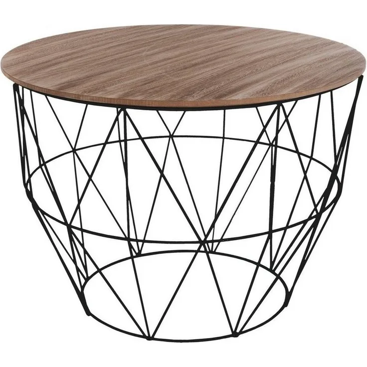 Beistelltisch im Loft-Stil, Kaffeetisch, Korbtisch aus Metall, rund, mit Holzplatte, schwarz