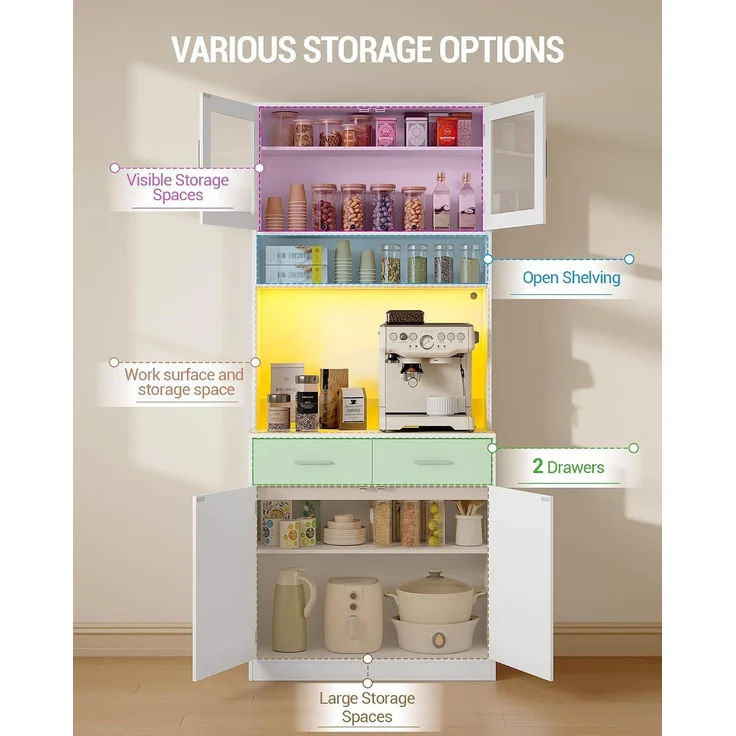 Buffetschrank, Küchenschrank mit 2 Schubladen, Hochschrank mit Steckdosenleiste und LED-Beleuchtung, 2 Schranktüren mit Glasfront, Küche, Wohnzimmer, 40 x 80 x 190 cm, Weiß – Bild 3
