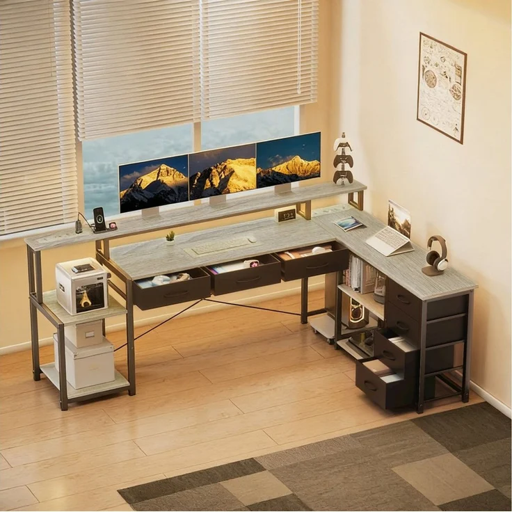 BBWL Computertisch Computer Schreibtisch aus P2 Spanplatte mit 7 Stoffschubladen (stabilem Metallgestell, RGB LED Beleuchtung, Steckdose 3AC+2USB und flexiblem PC-Ständer für Büro & Gaming) – Bild 2
