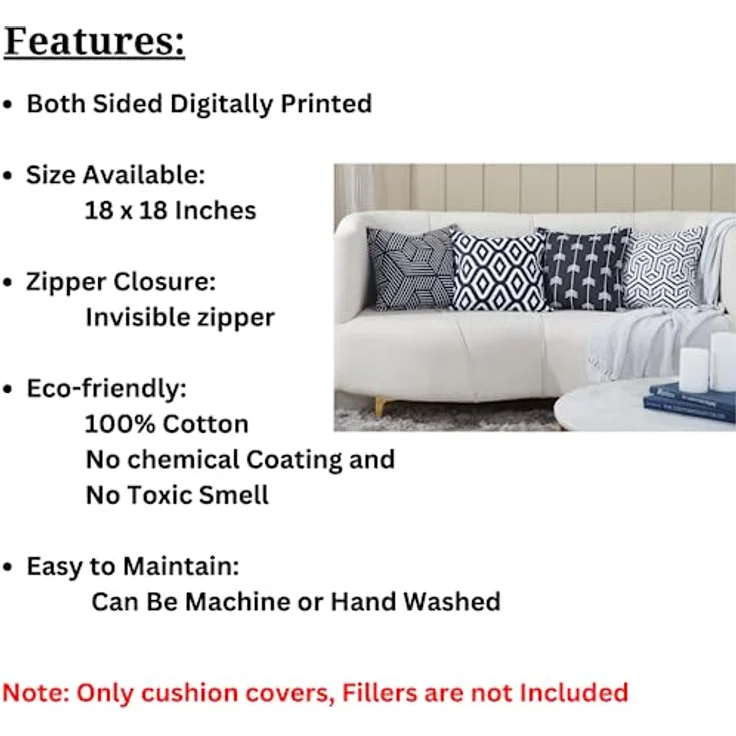Penguin Home 4Er - Pack Dekorative Quadratische Kissen Aus Baumwolle, Luxuriöse, Stilvolle Für Wohnzimmer, Sofa, Schlafzimmer, Mit Unsichtbarem Reißverschluss, 45X45 cm (18"),Schwarz/Weiß - Mischen – Bild 5