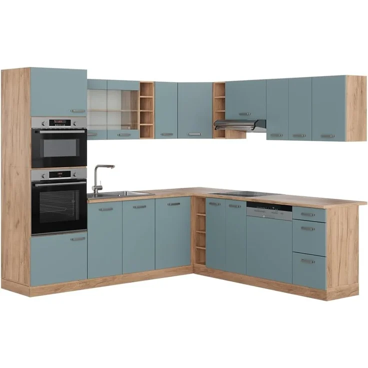 Eckküche R-Line Blau-Grau/Goldkraft Eiche 247 x 237 cm ohne Arbeitsplatte Vicco – Bild 1