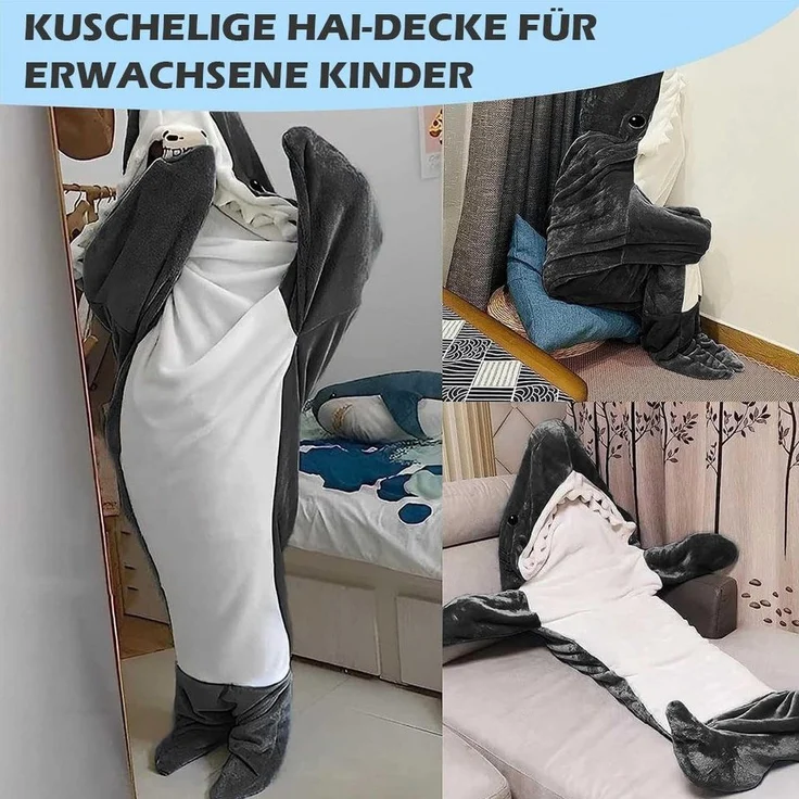 Wohndecke Hai Decke Mit Ärmeln, Superweichem Flanell Decken Hoodie Hai Overall, TUWENA, Deckenkapuzenpullover, Schlafsack Tragbare Decke für Erwachsene Kinder – Bild 3