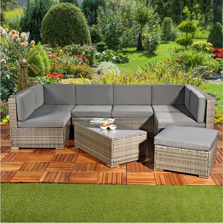 Feel2Home Garten-Essgruppe Gartensitzgruppe Terrassenmöbel Polyrattan Lounge versch. Farben, (Set, 1x Mehrteiliger Sofa 1x Ottomane 1x Tisch), Kissen inkl. Reißverschluss, daher abnehm- und waschbar – Bild 2