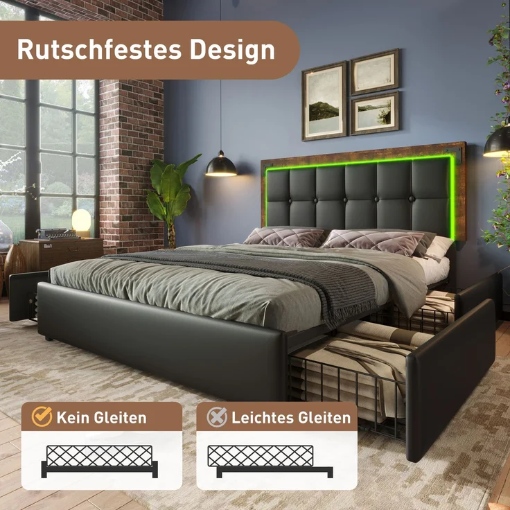 Einzelbett 160x200 cm mit LED-Beleuchtung, 4 Schubladen, höhenverstellbares Kopfteil, Luxus-Kunstleder Schwarz,inklusive Matratze – Bild 6