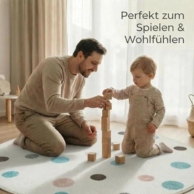 Jimri Kinderteppich DOTS l Pünktchen Gepunktet l Farbe: Beige Blau Rosa | Kinderzimmer/Jugendzimmer (Weiß, Ø 150 cm Rund) – Bild 5