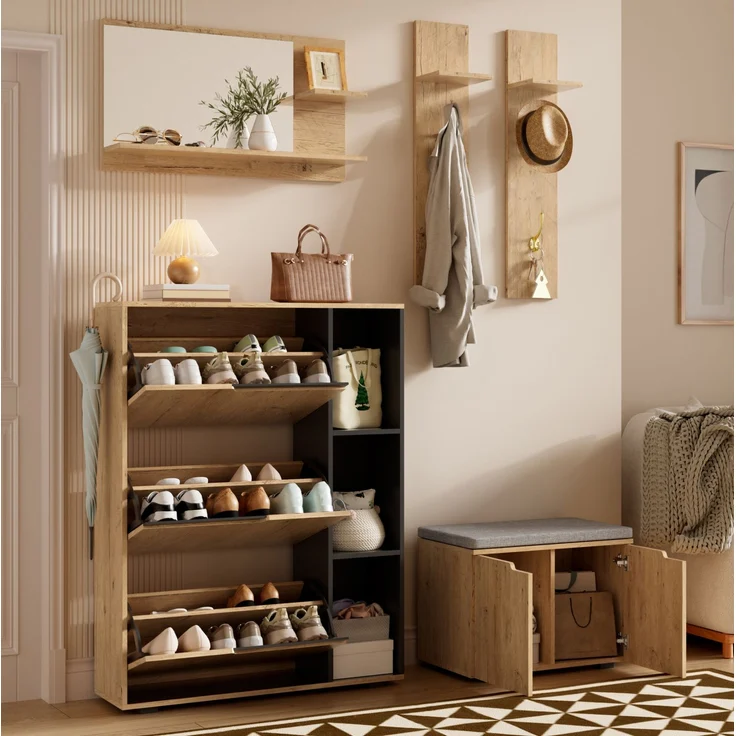 DESVIAE Garderobenschrank-Set Schwarz/Natur aus Spanplatte – 150x161,5x35 cm – Spiegel, Schuhbank, Haken – Bild 9