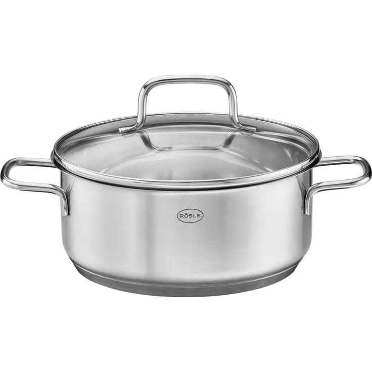 RÖSLE Basic Line Bratentopf Ø 20 cm, Universaltopf aus Edelstahl 18/10, mit Glasdeckel und Schüttrand, induktionsgeeignet, spülmaschinengeeignet