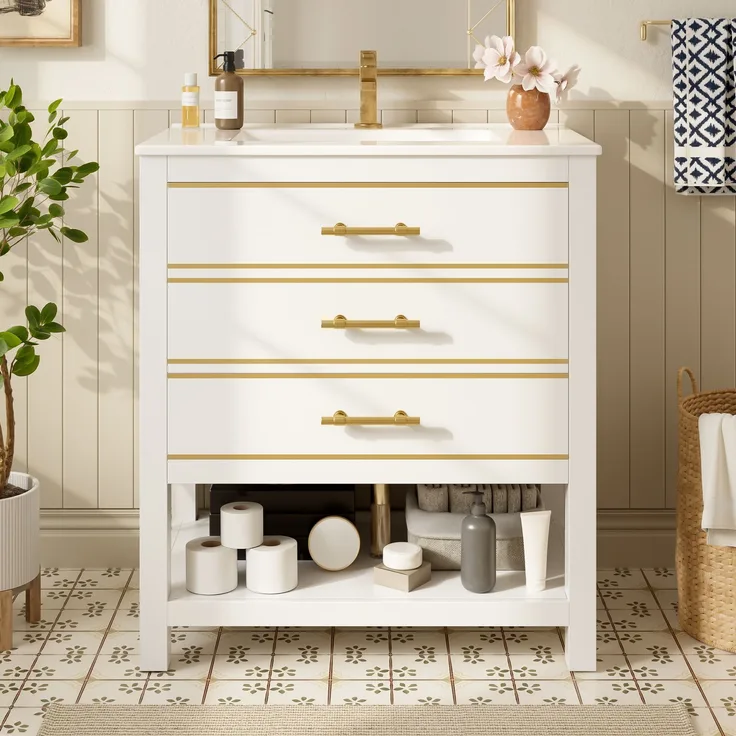 Waschtisch-Unterschrank 76 cm Weißgold mit Keramikbecken 2 Schubladen gold handhaben