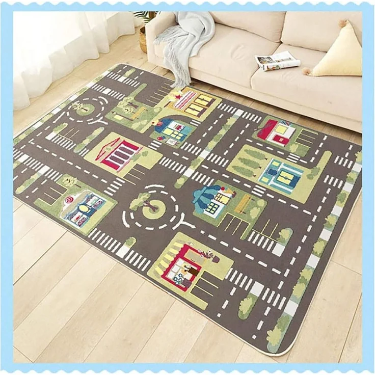 TYKTZXY Kinderteppich Spielen Teppich Straße Auto Tier Universum Blau Grün Grau(120×160cm,47×63inch) – Bild 6