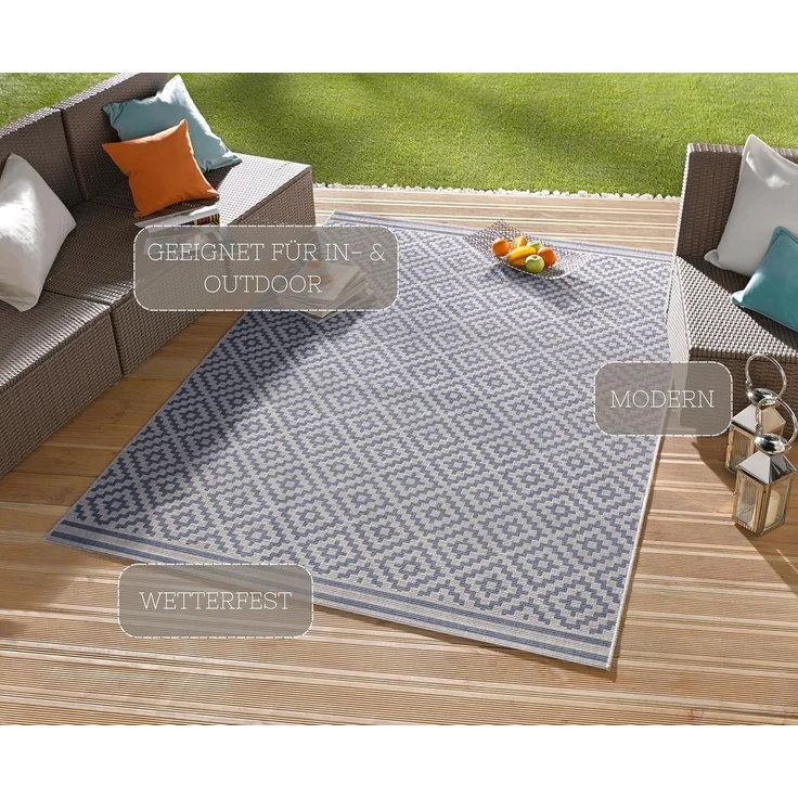 In- & Outdoor Teppich Raute blau/creme - 160x230x0,8cm – Bild 4
