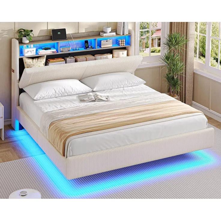 MSMASK Polsterbett Schwebebett mit 270°-LED-Beleuchtung, USB & Type-C Ladestation (Ohne Matratze), Doppelbett mit Stauraum-Kopfteil 160x200 cm