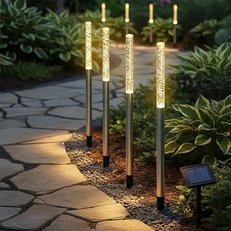 Spetebo LED Gartenleuchte LED Solar Gartenstecker 43 cm im Sprudelsäule Design - 4er Set, Design: Luftblasen, LED fest integriert, warm weiß, Akku ist austauschbar