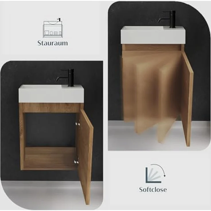 Alpenberger Badmöbel-Set Gäste WC Waschbecken mit Unterschrank - Badschrank Hängend, (Waschbeckenunterschrank mit Softclose, 2-tlg. Waschtisch Set Bamboo), Waschplätze für Kleine Bäder - Badschrank Hängend und Vormontiert – Bild 5