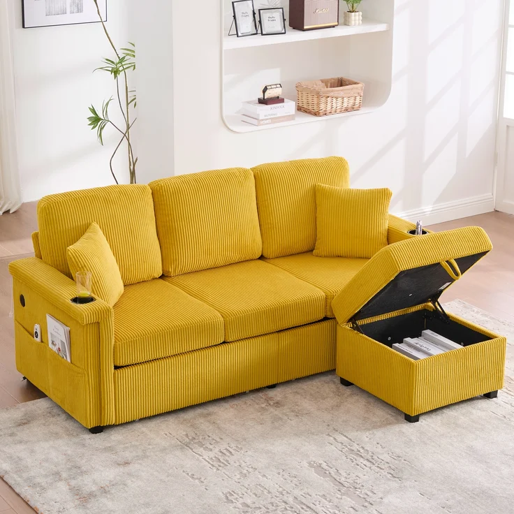 Sofa, Hochwertiges Samtsofa mit LED-Beleuchtung USB-C-Port inklusive Stauraum-Fußteil praktischen Getränkehaltern und Seitentaschen Premium Qualität für Wohnzimmer Schlafzimmer oder Büro, Samt, Senfgelb, – Bild 7