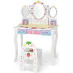 COSTWAY Kinder Schminktisch Set, Prinzessin Frisiertisch mit Klappbarem Spiegel, Schminkhocker und 3 Schubladen, Make-up Schminktisch Frisierkommode für Kinder Mädchen (Weiß)