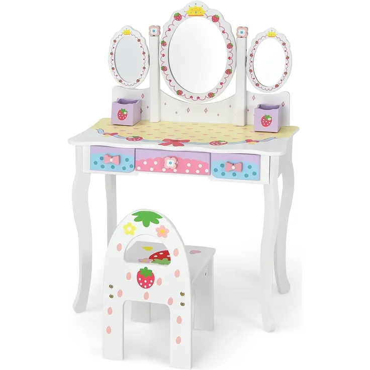 COSTWAY Kinder Schminktisch Set, Prinzessin Frisiertisch mit Klappbarem Spiegel, Schminkhocker und 3 Schubladen, Make-up Schminktisch Frisierkommode für Kinder Mädchen (Weiß)