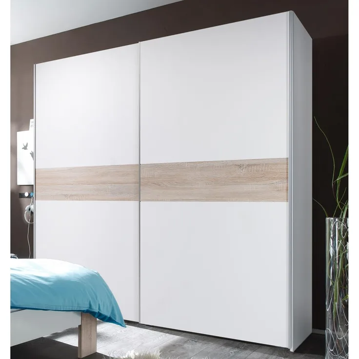Schwebetürenschrank >Noni< in Weiß / Absetzung Sonoma-Eiche - 170x195x60 (BxHxT)