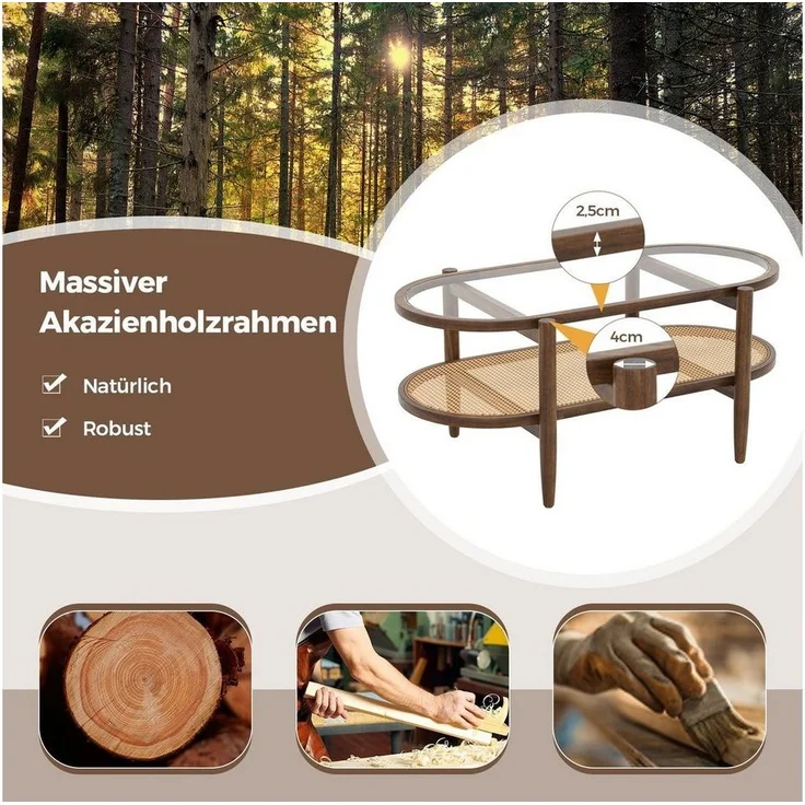 COSTWAY Couchtisch, mit Stauraum, aus Glas, Rattan & Massivholz, 102x56x47cm – Bild 3