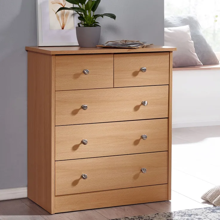 Design Holz-Kommode PURE 60 x 70 x 35 cm mit 5 Schubladen | Mehrzweckanrichte flach für Flur | Modernes Sideboard zeitlose Anrichte