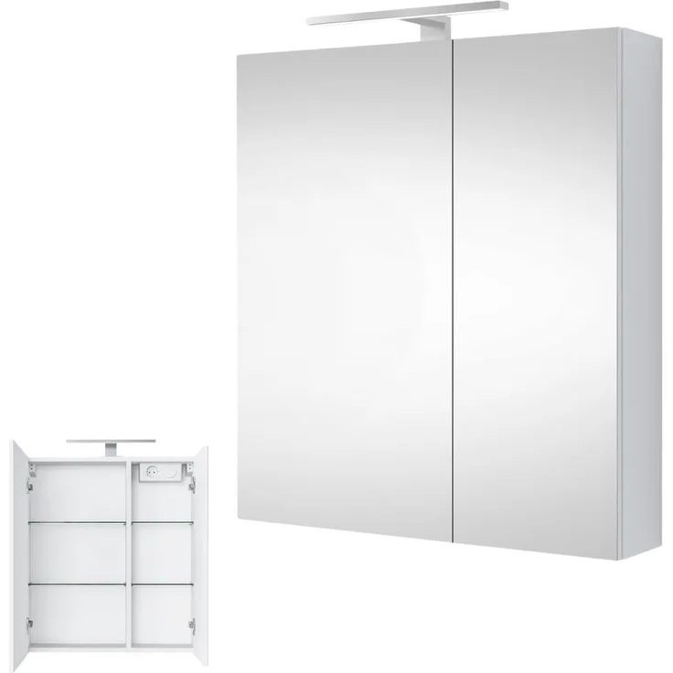 Planetmöbel Spiegelschrank Badezimmer 60cm Weiß, Badezimmerschrank mit Spiegel und LED Beleuchtung, Badespiegel mit Schrank