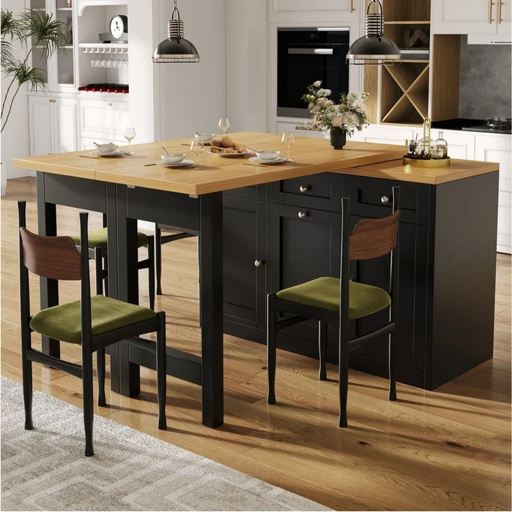 MODFU Bartisch Kücheninsel, Reversibel Tisch (mit Stauraum, Klappbarer Esstisch mit Schublade & Snackablage, herausziehbarer Mülleimerhalter (Eimer nicht enthalten), 1-St, 120-200cm) – Bild 1
