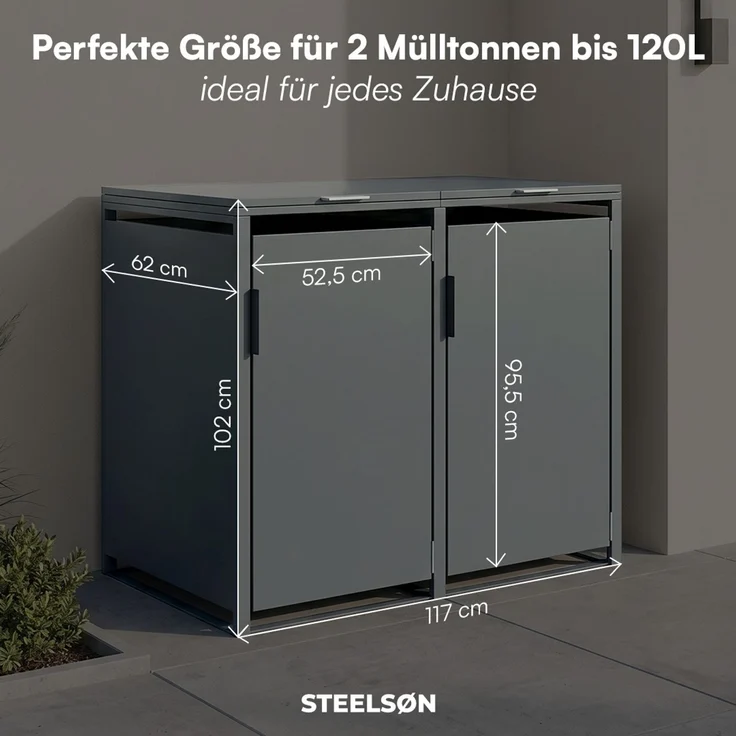 STEELSØN 'Thoria' Mülltonnenbox 2er je 120 Liter, anthrazit, Mülltonnenverkleidung aus Stahl, wetterfest, 102x62x117 cm, Müllbox für 2 Tonnen – Bild 8
