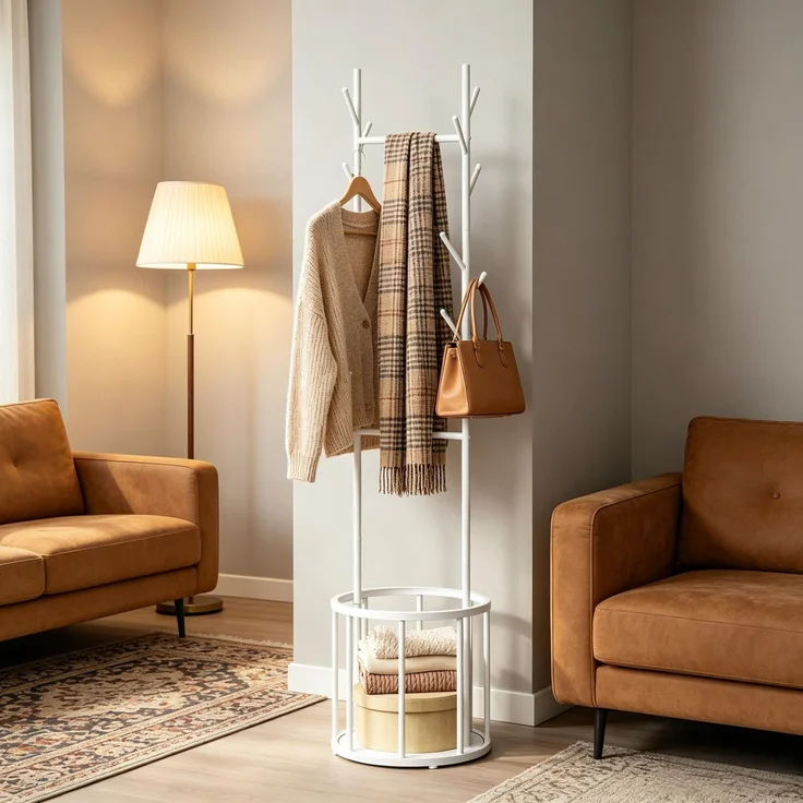 Baumförmige Mantelstelle,Freistehende Kleidungshalter,Mantelständer mit Lagerkorb(nur Mantelständer)--Weiß--41x41x175cm--YOUDENOVA – Bild 6