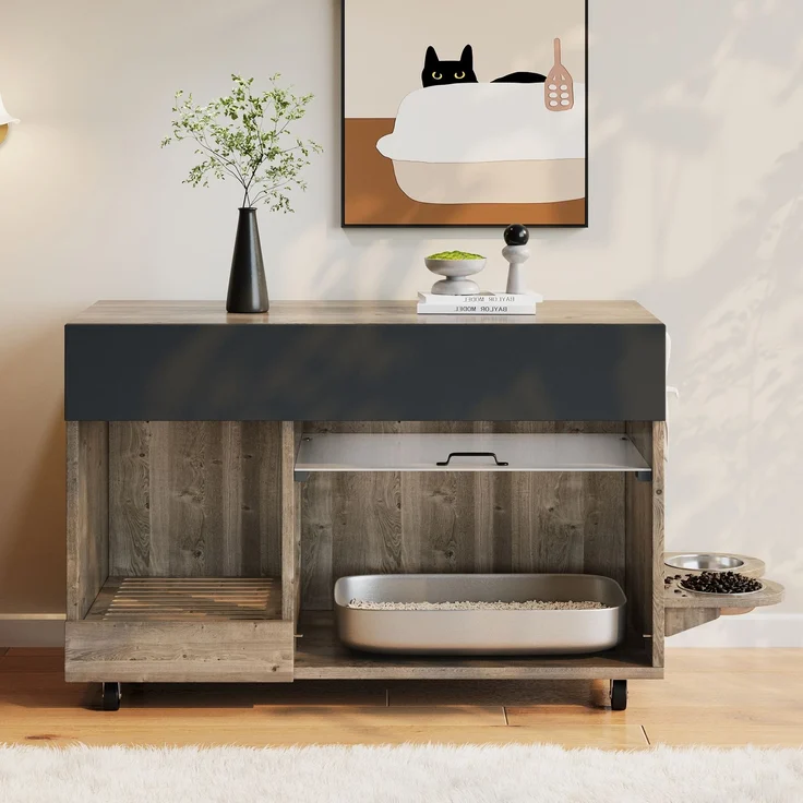 Bewegbarer Katzenkloschrank (Katzentoilettenschrank) – mit Katzenfuttertellern, Sandauffangschale, Lochplatte mit Hakenlöchern, ohne Katzenklo, 100×45,5×67 cm (antikgrau-braune Farbe, Eichenholzfarbe) – Bild 7