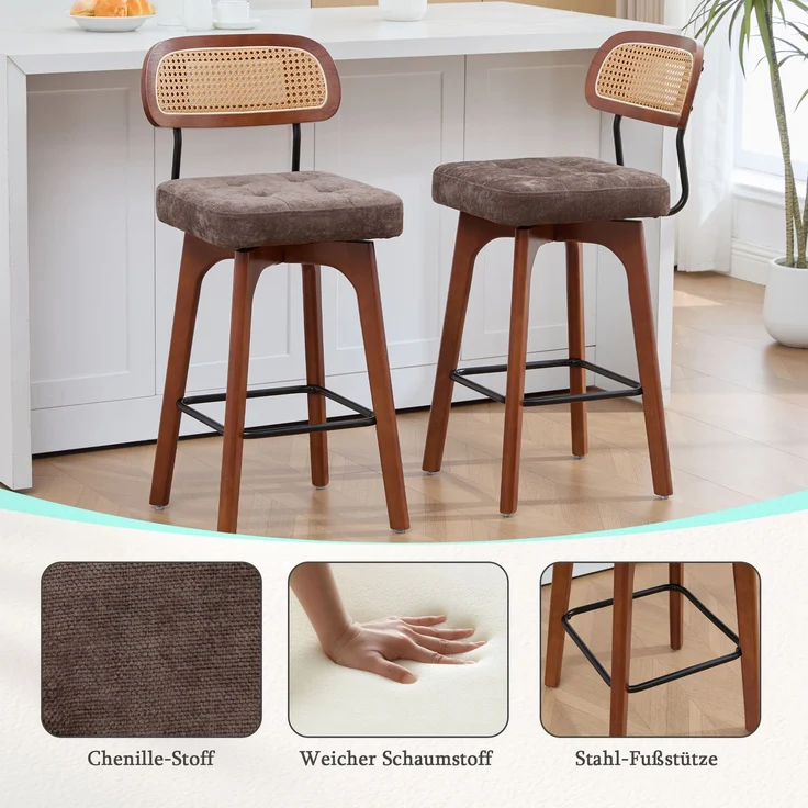 2er-Set um 360° drehbare Barhocker, Küchen- und Frühstücksbarhocker mit Rückenlehne, Rückenlehne aus Rattan mit gepolsterter Sitzfläche, Barhocker im modernen Mid-Century-Stil(Braun, Chenille)--Kaffee--51x44x96cm--YOUDENOVA – Bild 3