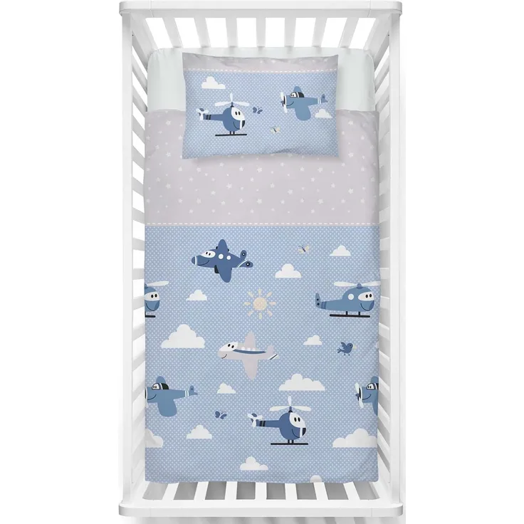 LINKHOFF Babybettwäsche Kleinkinder Bettwäsche 135x100 + Kissen 60x40cm - Flugzeuge Blau, 100% Baumwolle, Flanell Biber Bettwäsche