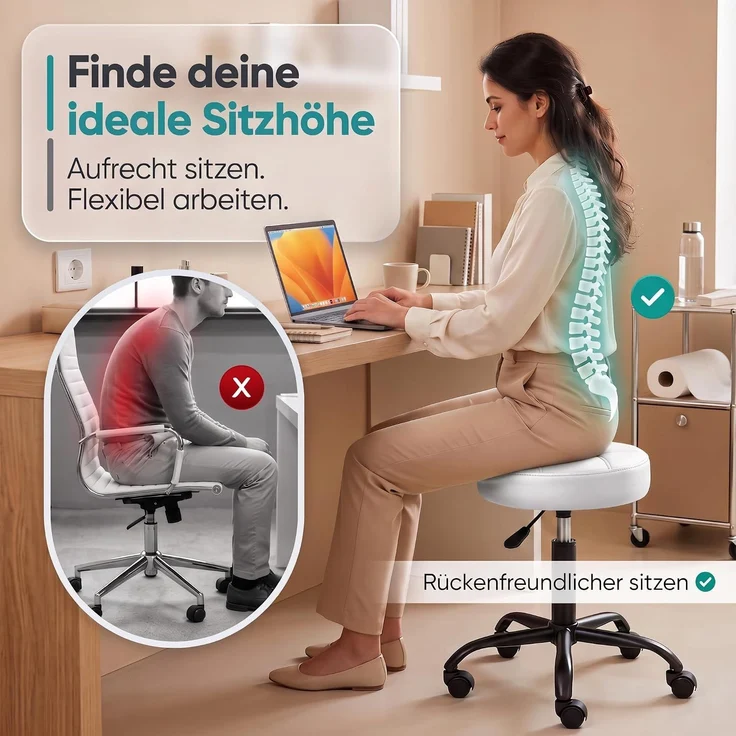 Movaro Rollhocker mit Metall-Basis und leisen Softrollen [Neues Modell] - höhenverstellbar, 360° drehbar, kratzfrei und stabil - ergonomischer Hocker mit Rollen | Arbeitshocker | Bürohocker 44x44x50-63 cm [Weiß] – Bild 3
