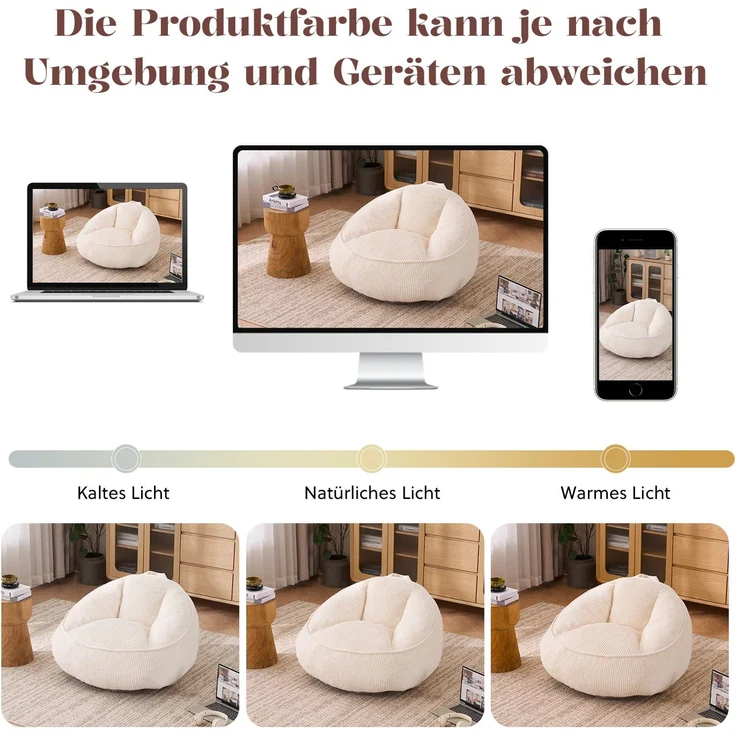 Sitzsack 90cm×90cm×59cm mit ergonomischer Rückenlehne und Memory-Schaum-Füllung – Bild 9