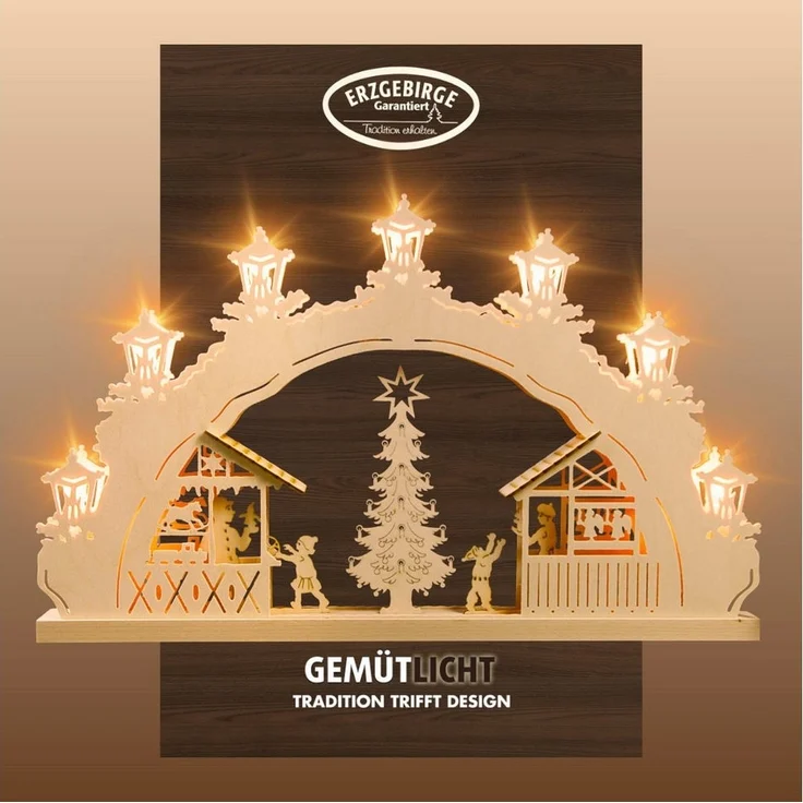 Weigla Schwibbogen Weihnachtsmarkt, Lichterbogen aus Holz, NATUR, Made in Germany (1-tlg), Erzgebirge garantiert, Weihnachtsdeko Innen, Weihnachtsbeleuchtung – Bild 5
