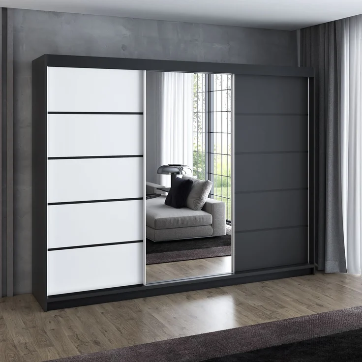 A&J MöbelLand 'Viluno 2' Schwebetürenschrank mit 4 Schubladen und Spiegel, Spanplatte, 215 x 59,5 x 200 cm, Weiß / Schwarz / Schwarz / Schwarz – Bild 2